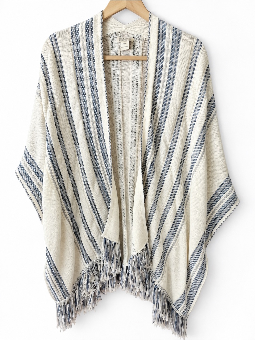 Lucky Brand Cream and Blue Striped Fringe Poncho